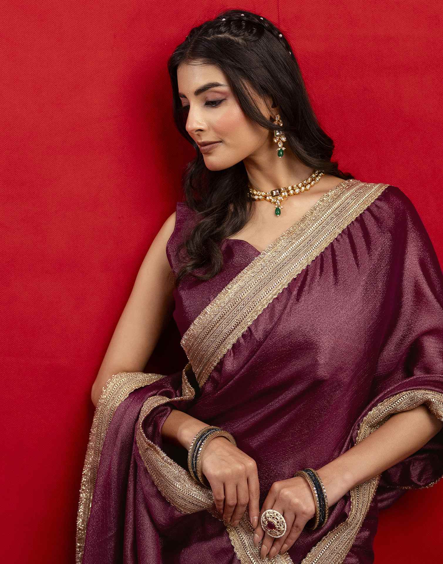 Dusty Wine Chinnon Silk Gota Lace Saree