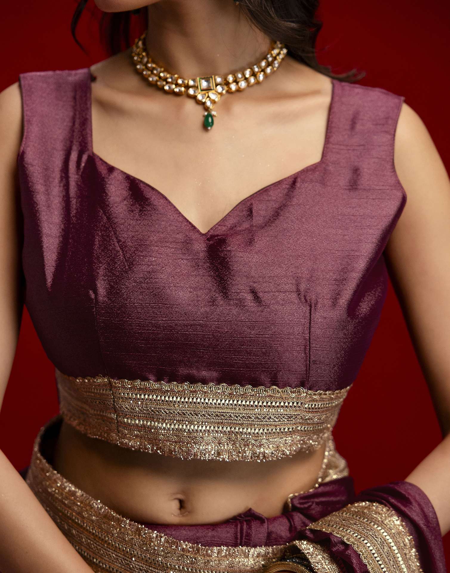 Dusty Wine Chinnon Silk Gota Lace Saree