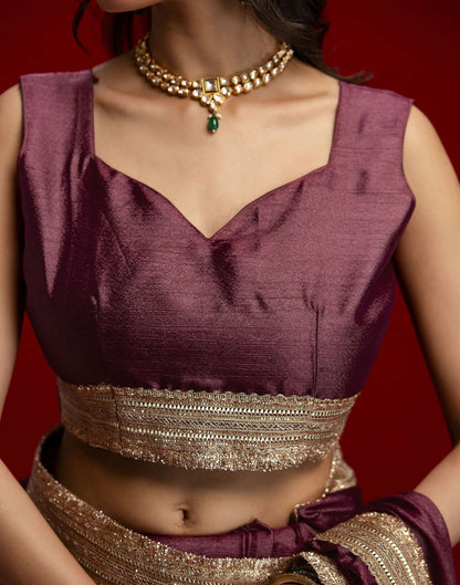 Dusty Wine Chinnon Silk Gota Lace Saree