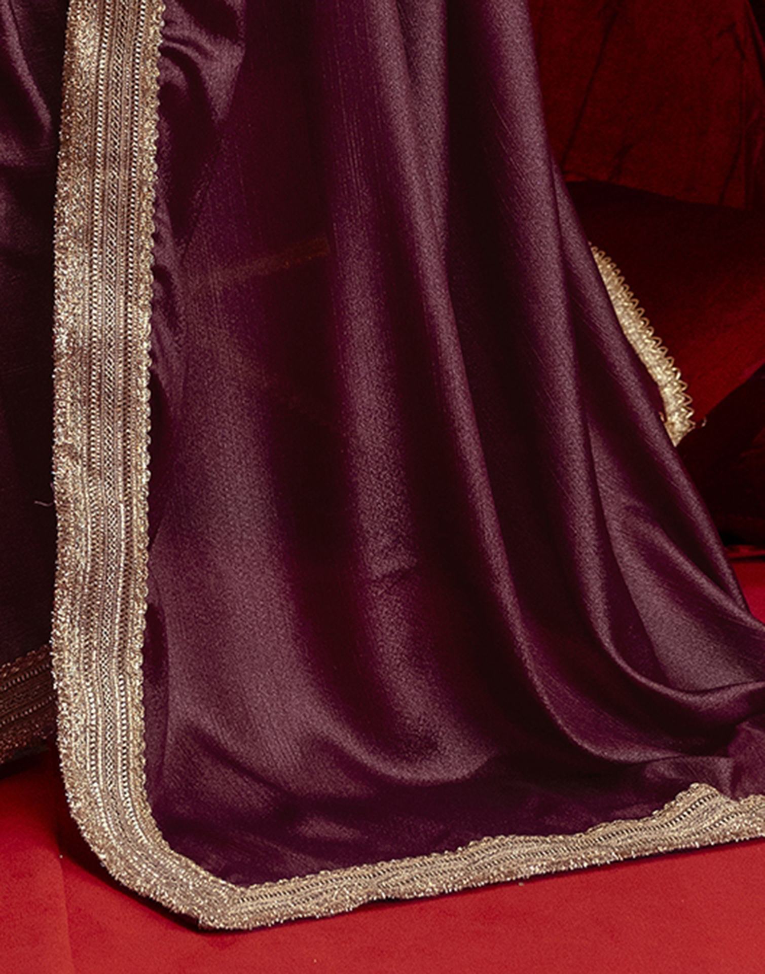 Dusty Wine Chinnon Silk Gota Lace Saree