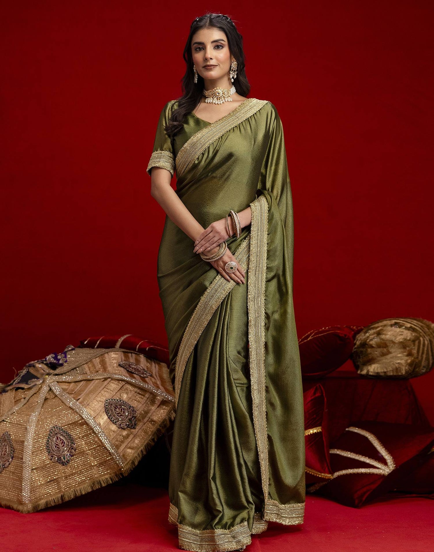 Mehandi Green Chinnon Silk Gota Lace Saree