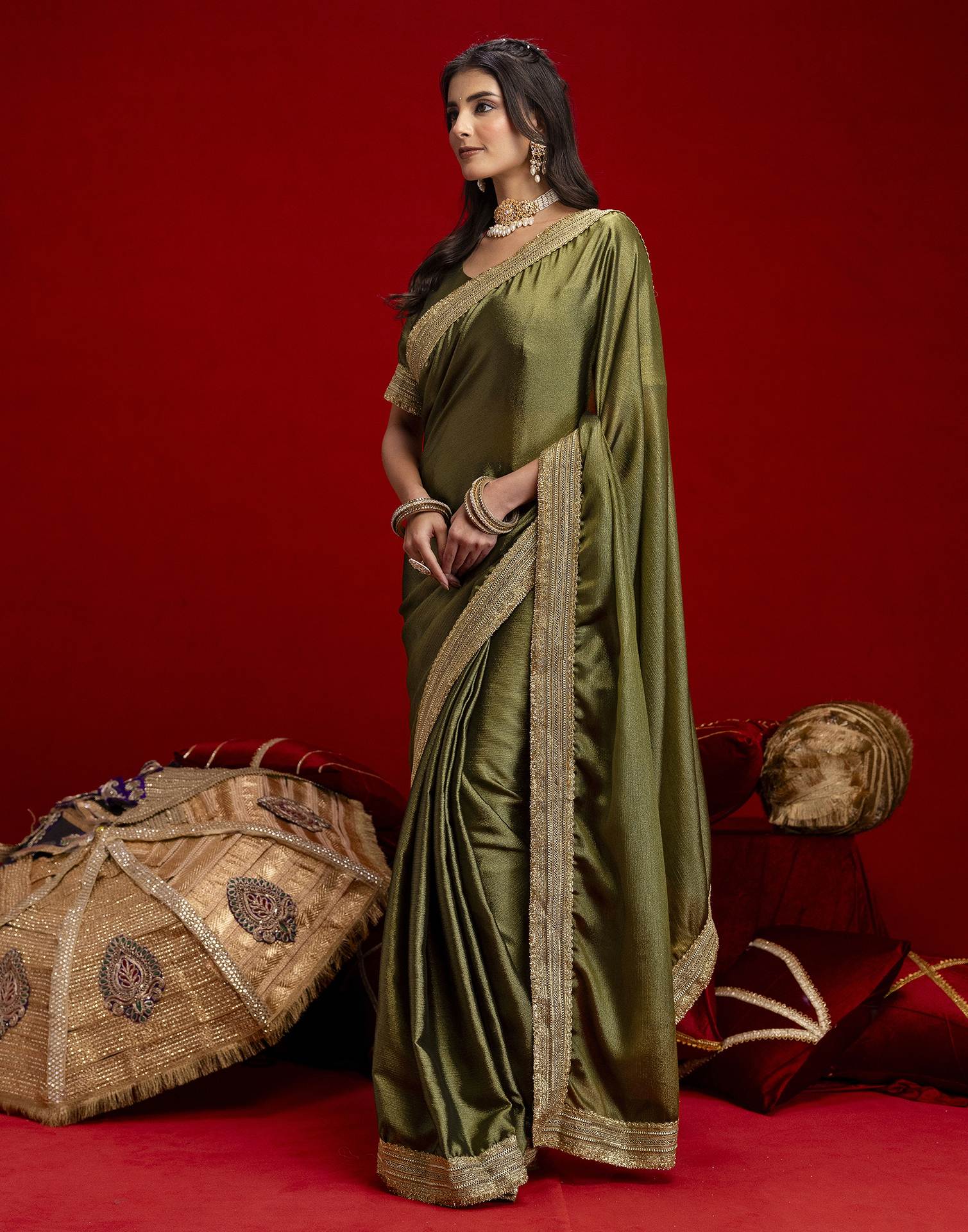 Mehandi Green Chinnon Silk Gota Lace Saree