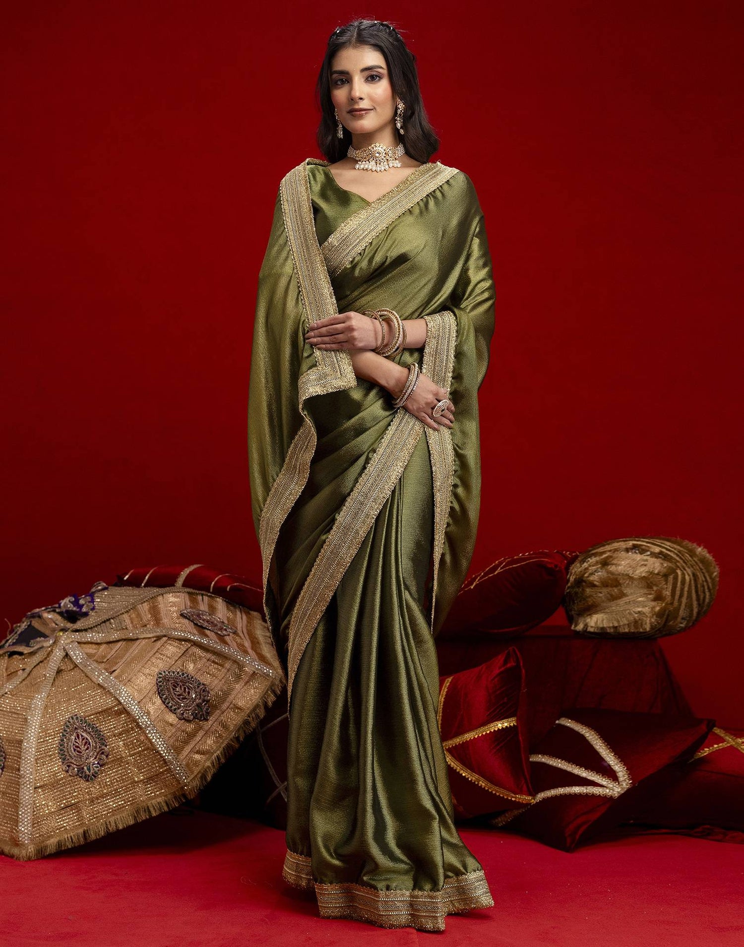 Mehandi Green Chinnon Silk Gota Lace Saree