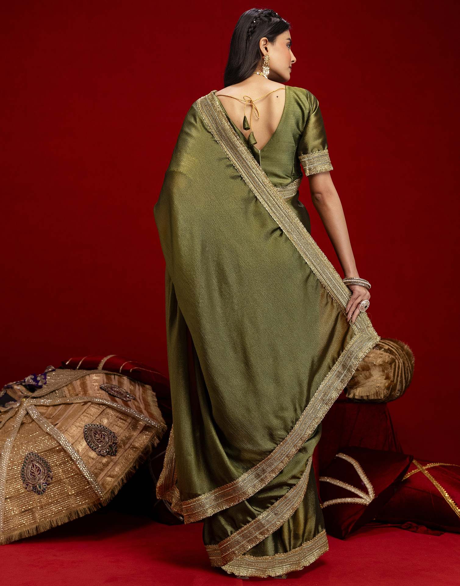 Mehandi Green Chinnon Silk Gota Lace Saree