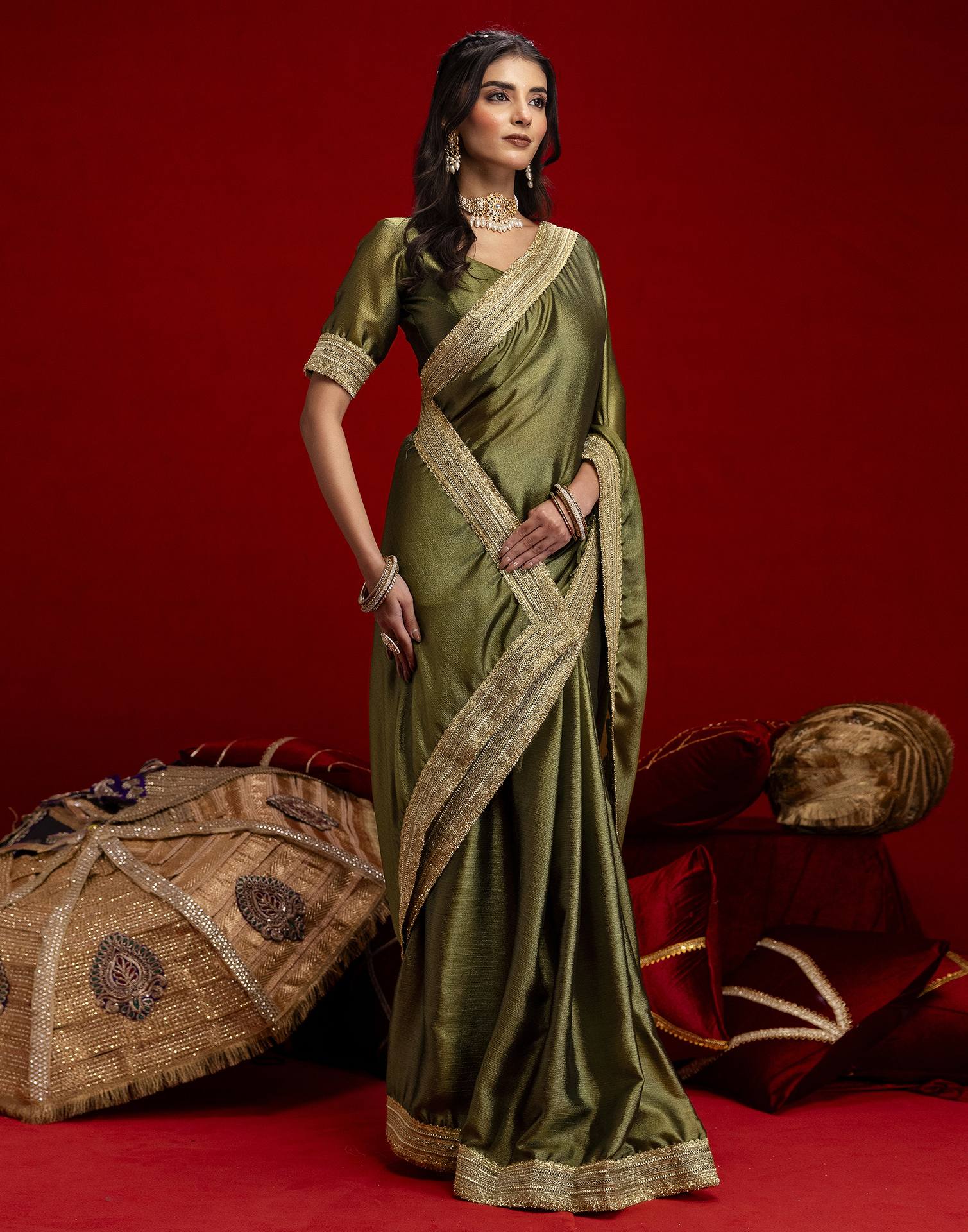 Mehandi Green Chinnon Silk Gota Lace Saree