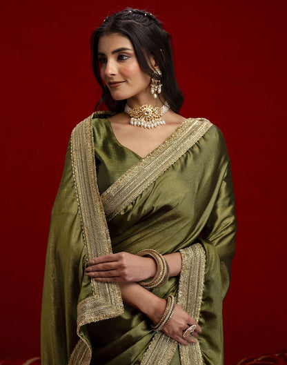 Mehandi Green Chinnon Silk Gota Lace Saree