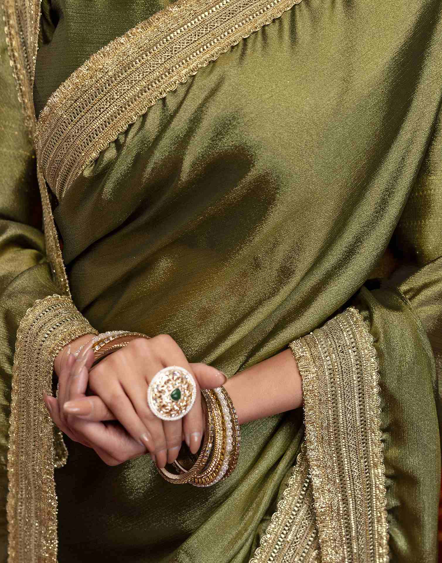 Mehandi Green Chinnon Silk Gota Lace Saree