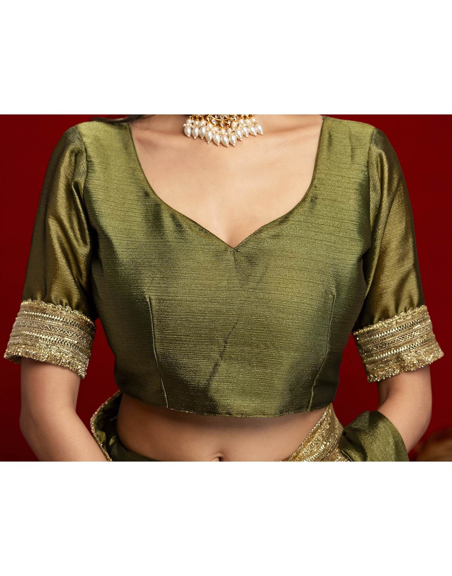 Mehandi Green Chinnon Silk Gota Lace Saree