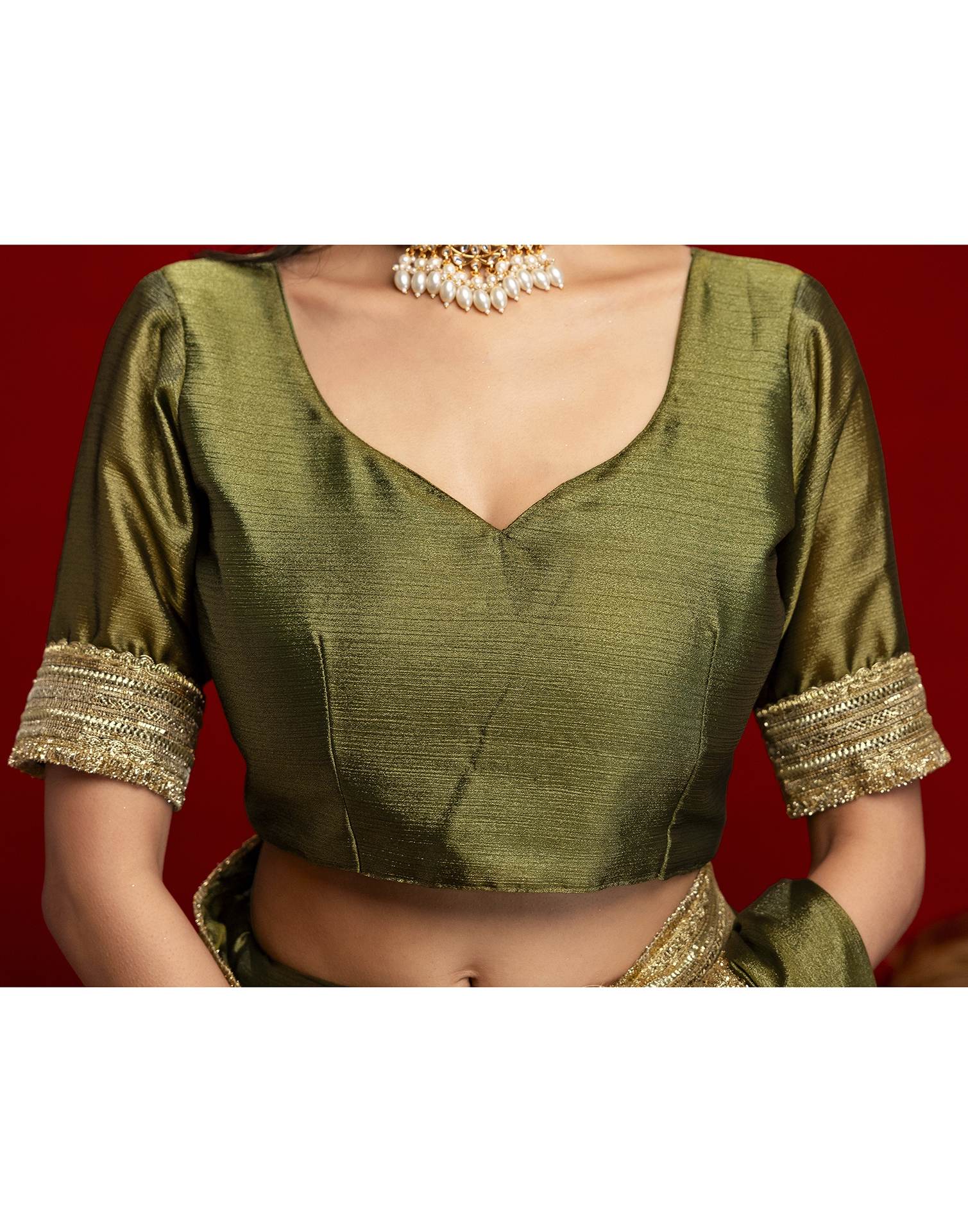 Mehandi Green Chinnon Silk Gota Lace Saree