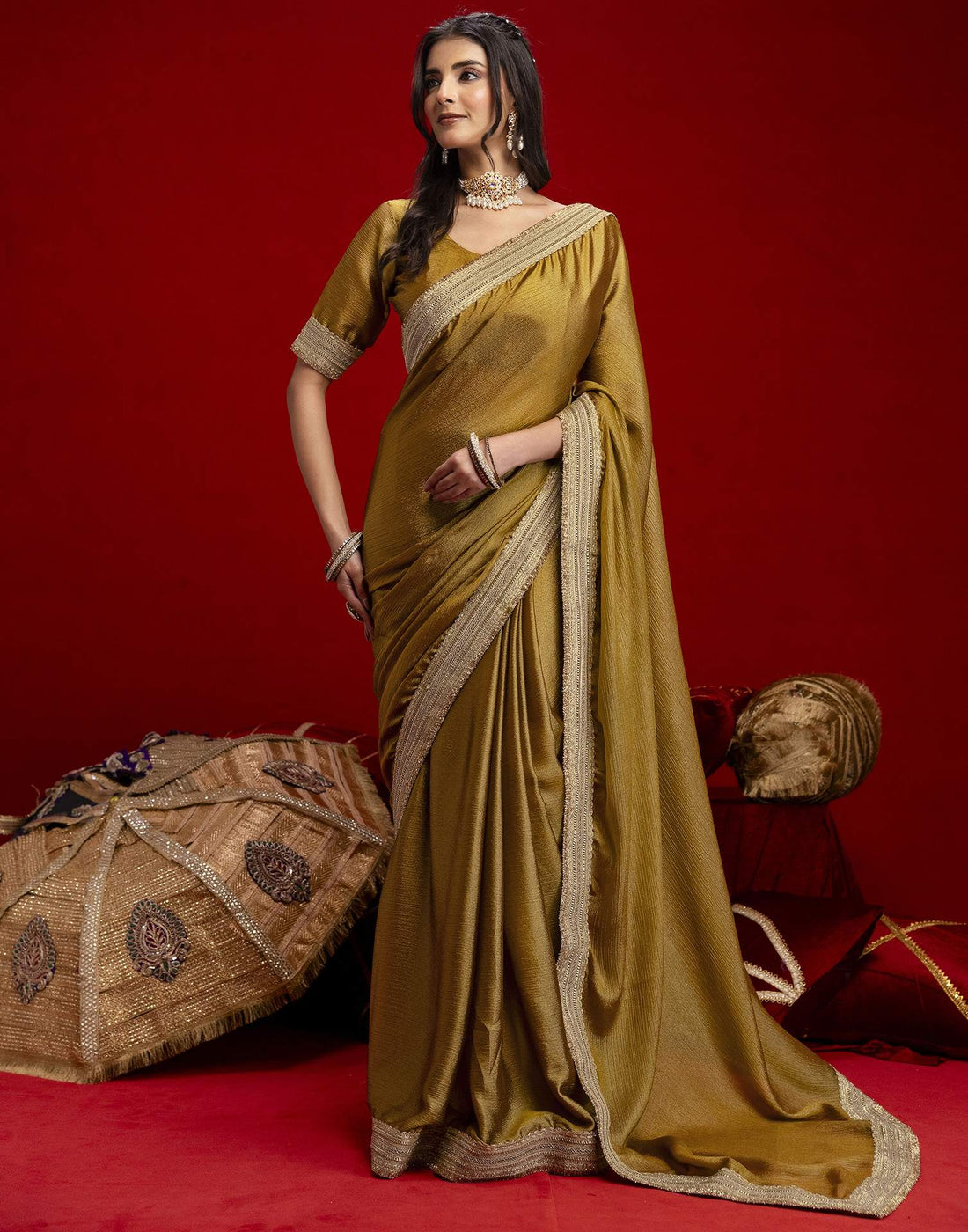 Mustard Green Chinnon Silk Gota Lace Saree