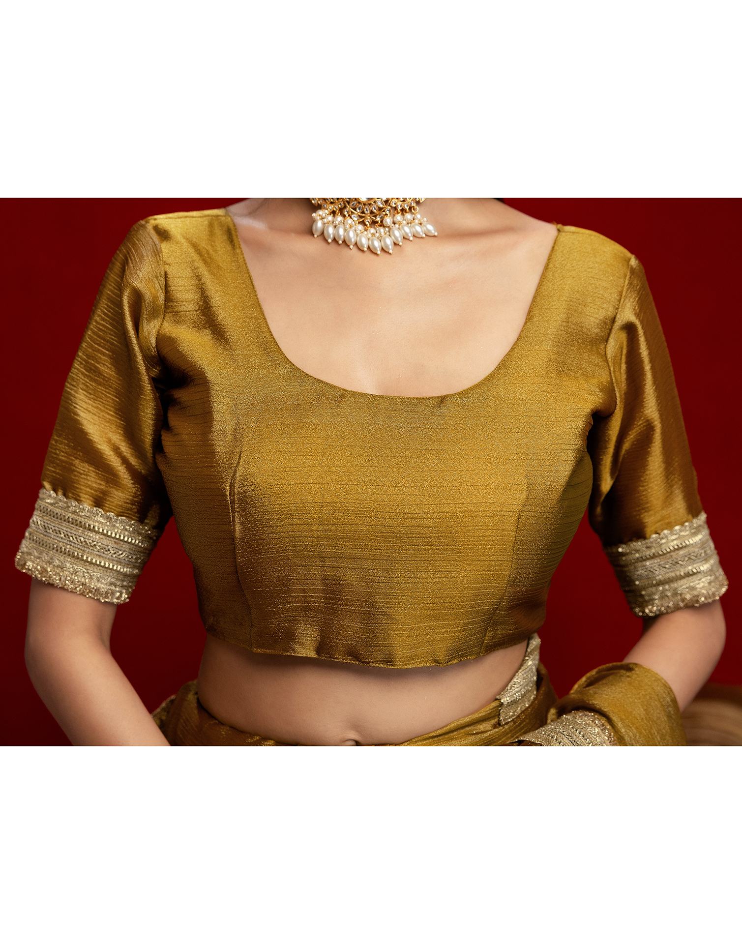 Mustard Green Chinnon Silk Gota Lace Saree