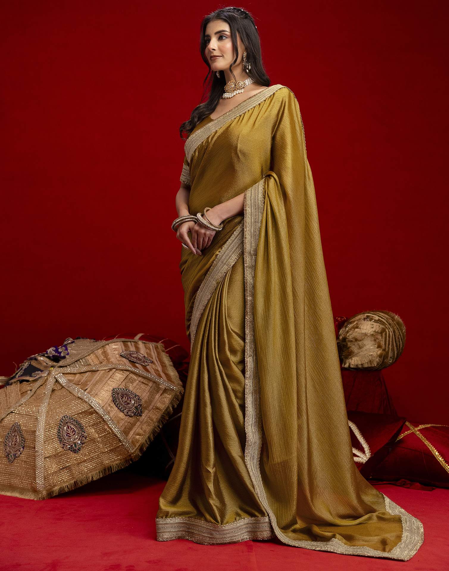 Mustard Green Chinnon Silk Gota Lace Saree