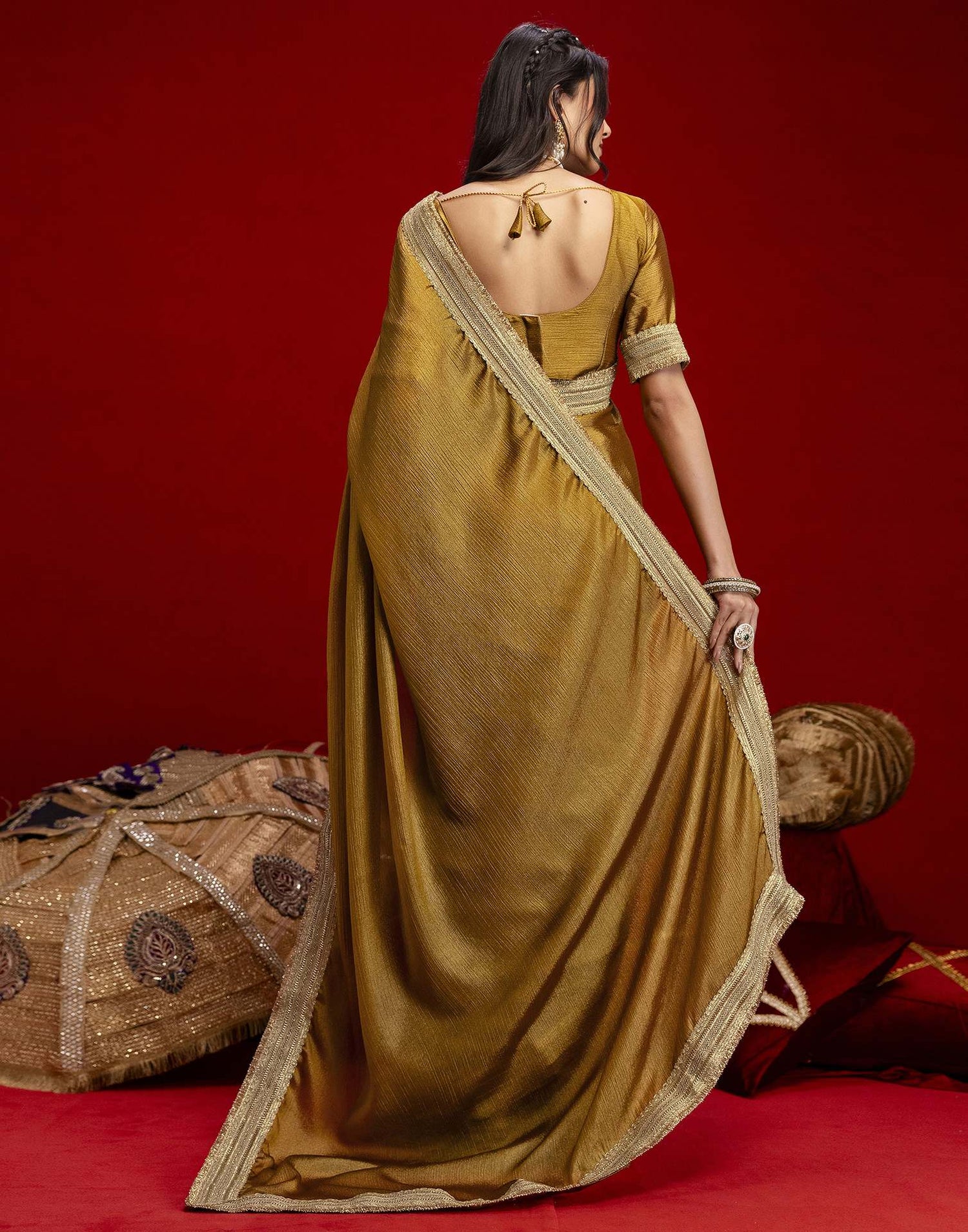 Mustard Green Chinnon Silk Gota Lace Saree