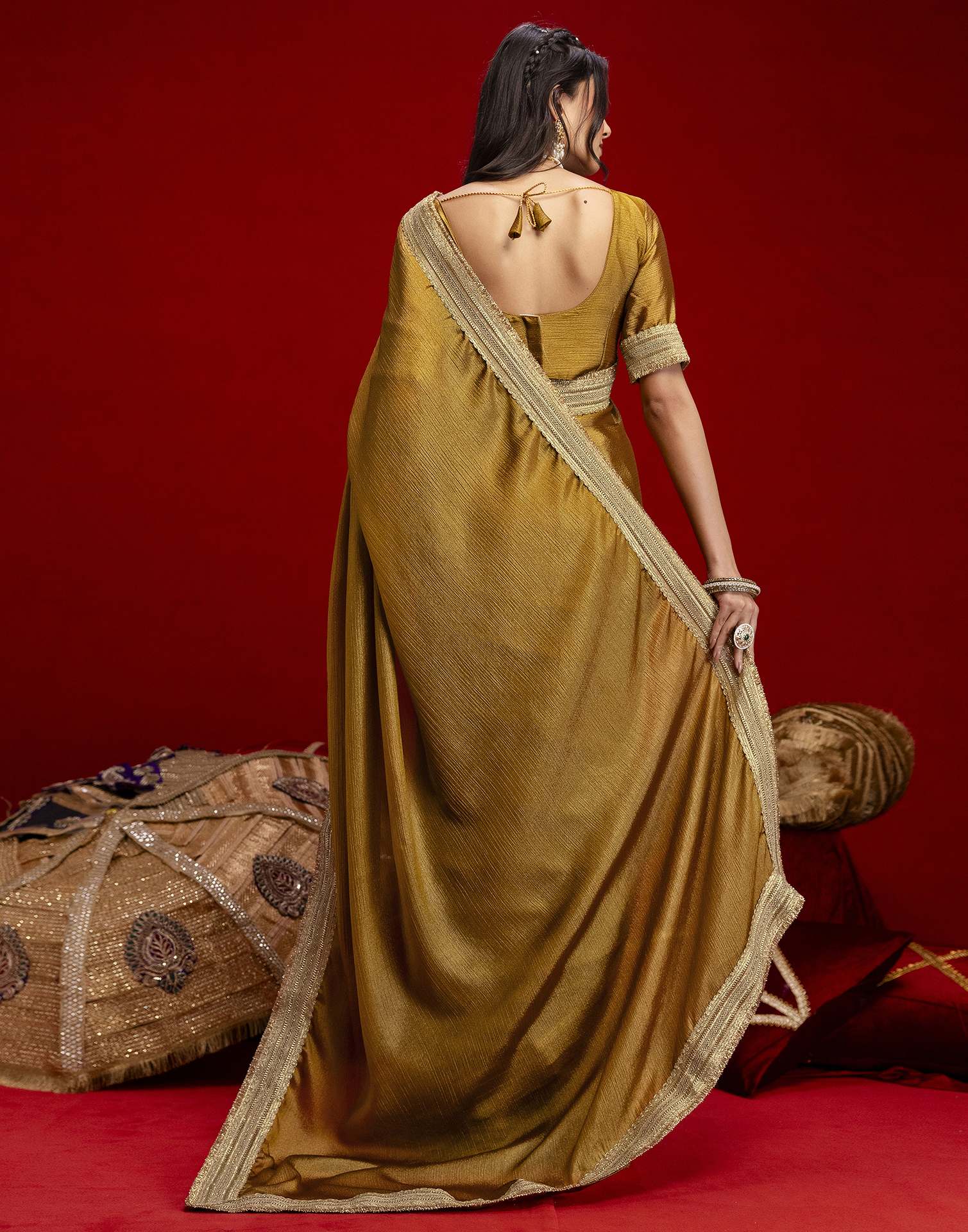 Mustard Green Chinnon Silk Gota Lace Saree