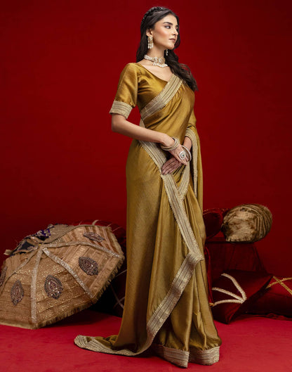 Mustard Green Chinnon Silk Gota Lace Saree