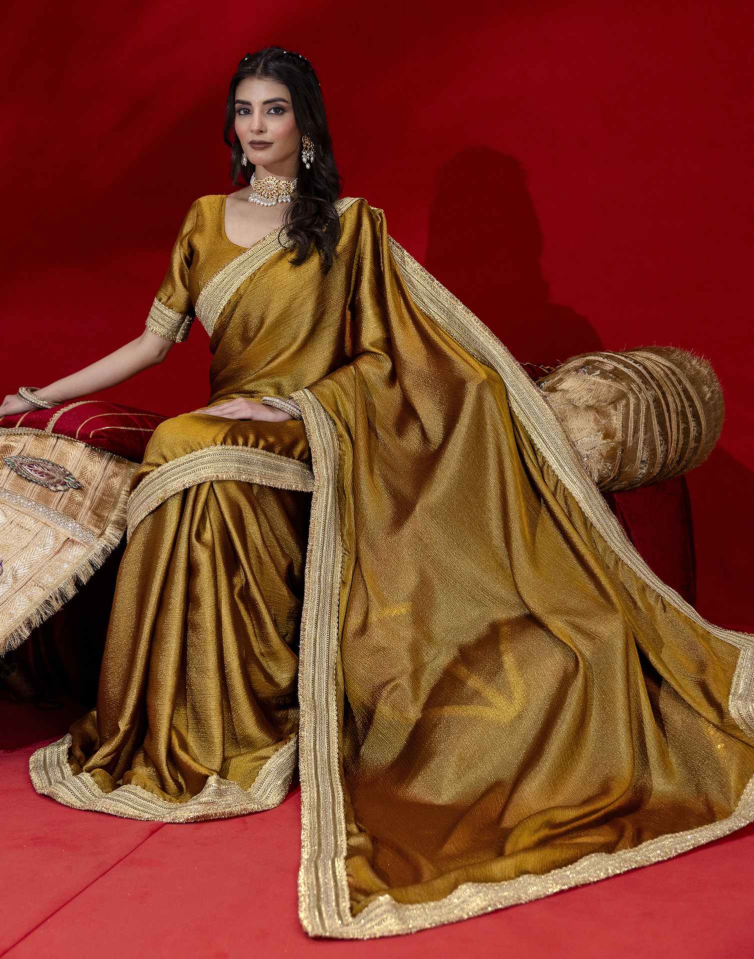 Mustard Green Chinnon Silk Gota Lace Saree