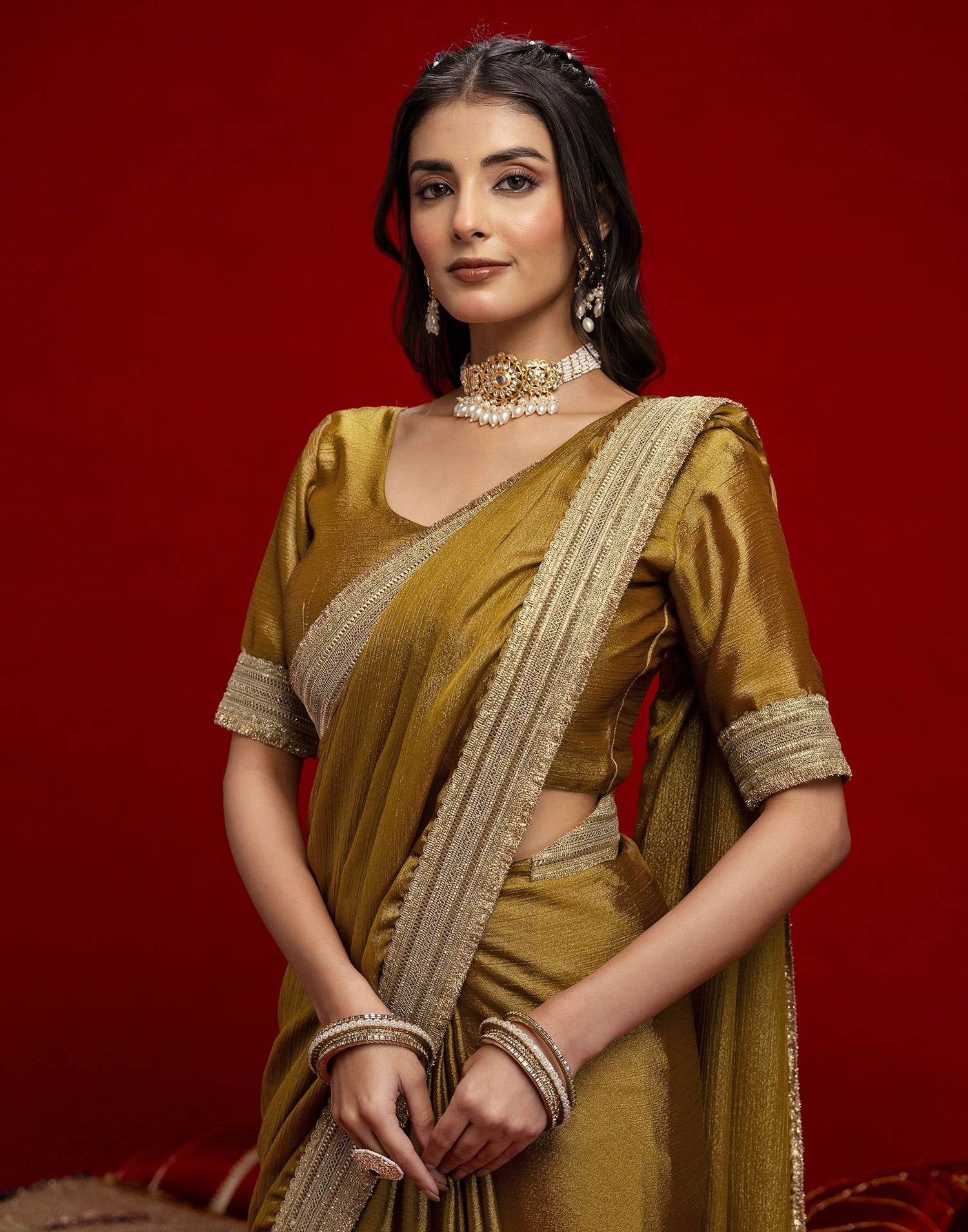 Mustard Green Chinnon Silk Gota Lace Saree