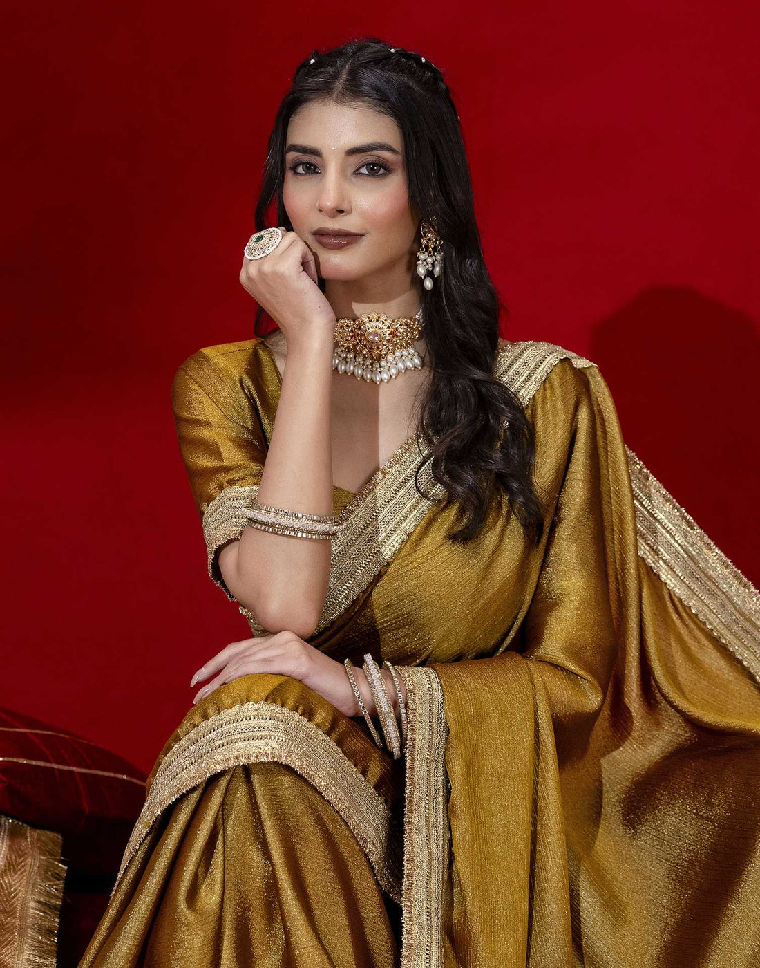 Mustard Green Chinnon Silk Gota Lace Saree