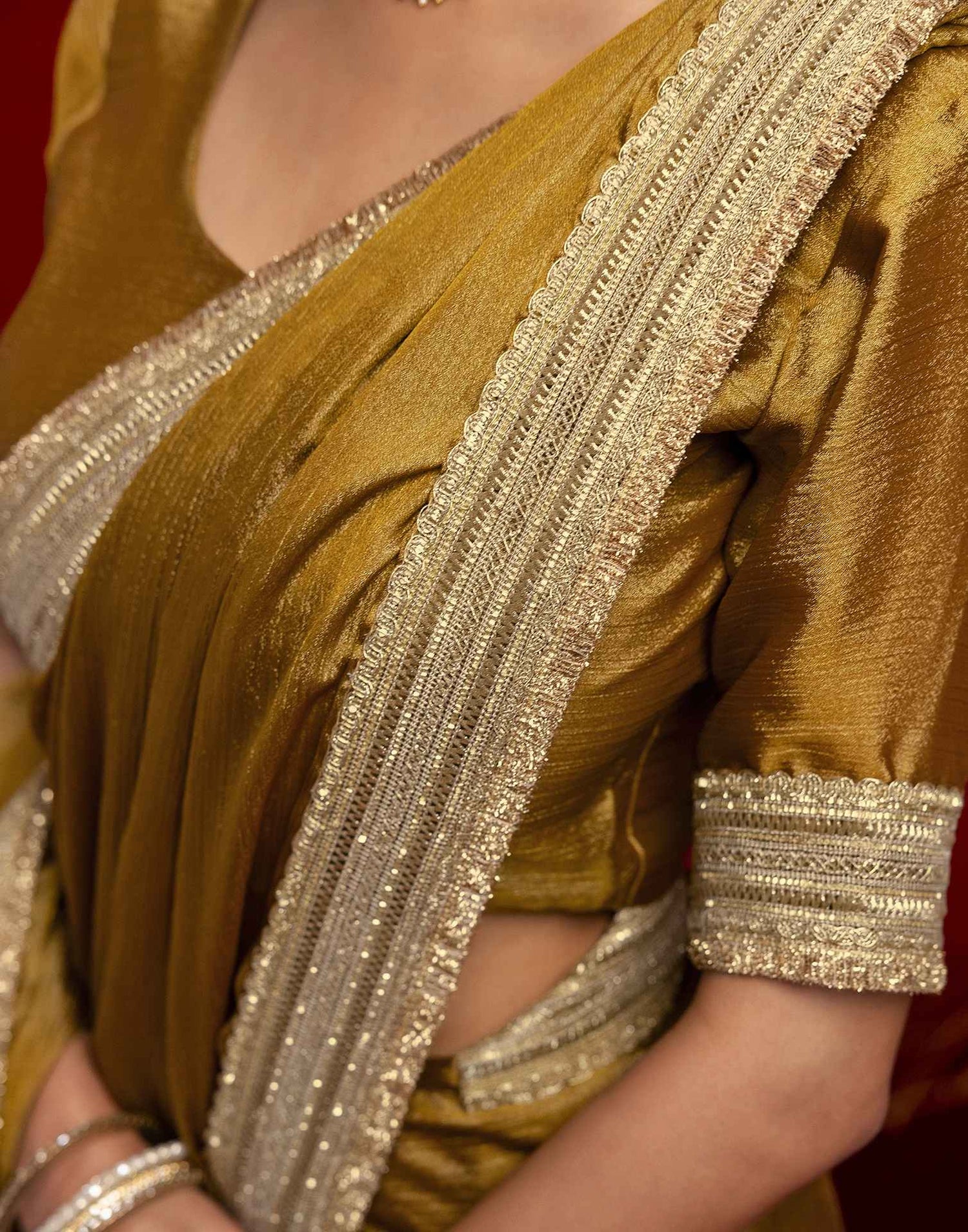 Mustard Green Chinnon Silk Gota Lace Saree