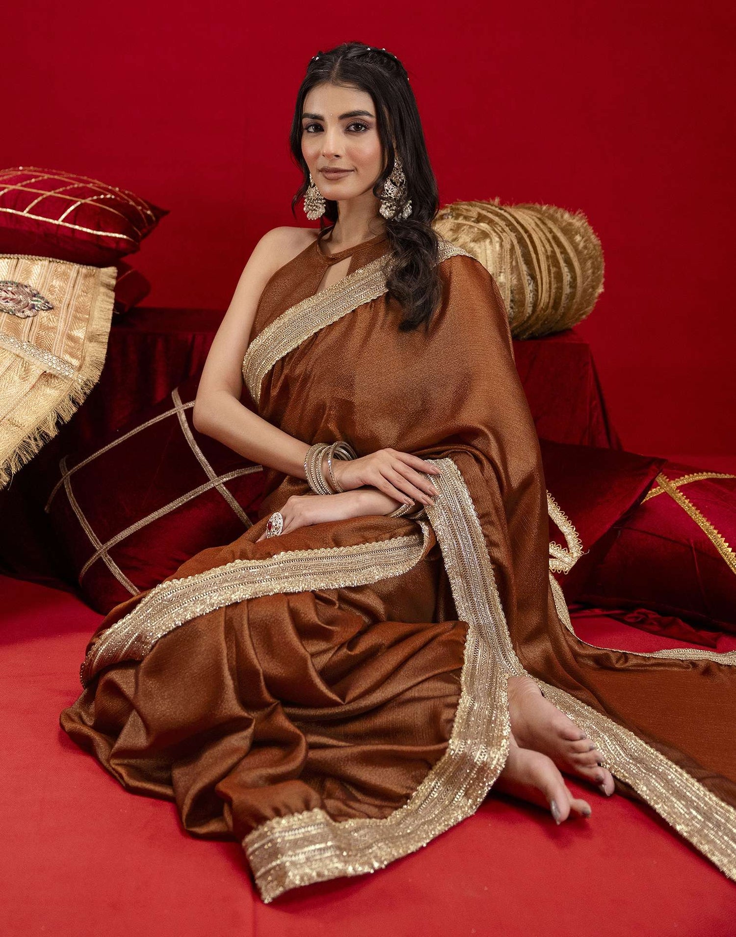 Brown Chinnon Silk Gota Lace Saree