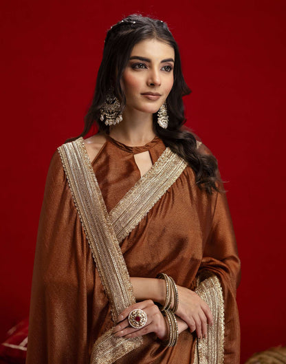 Brown Chinnon Silk Gota Lace Saree