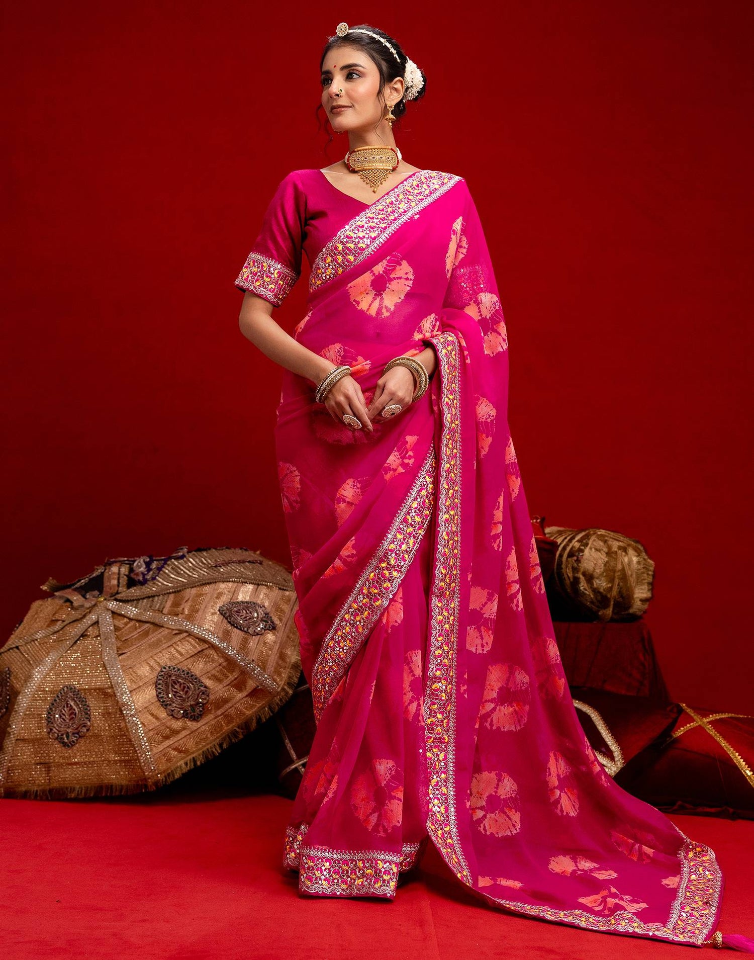 Pink Georgette Bandhani Printed Lace Saree