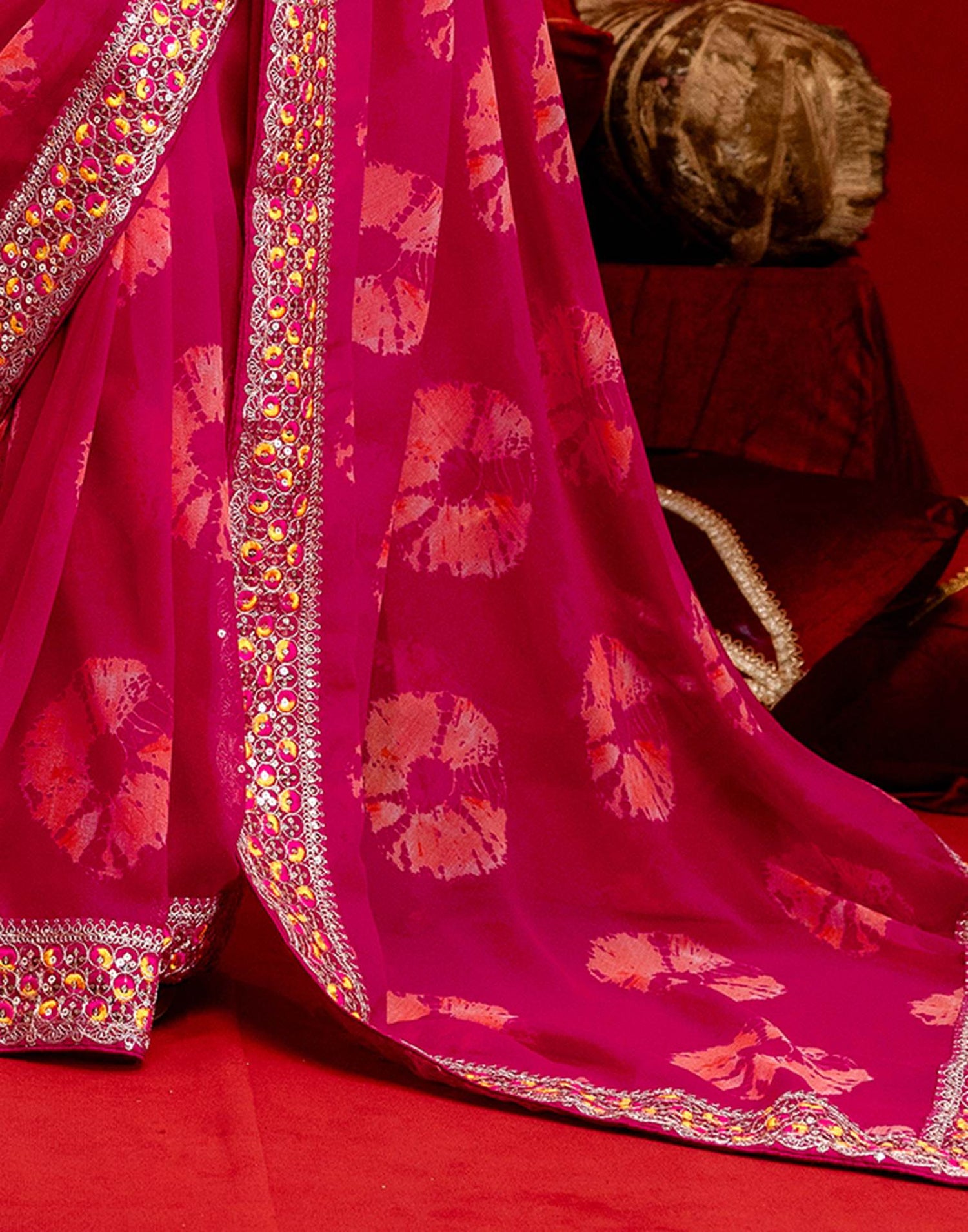 Pink Georgette Bandhani Printed Lace Saree