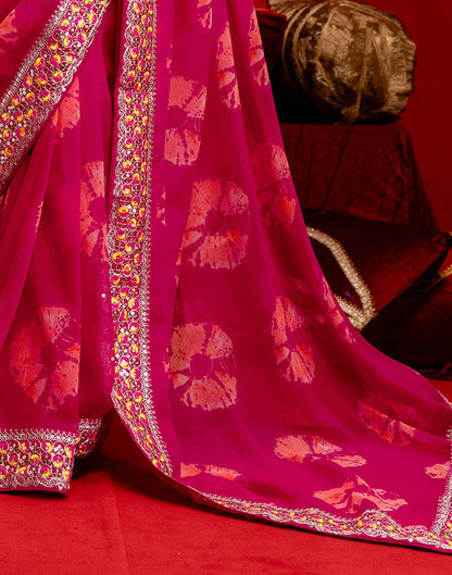 Pink Georgette Bandhani Printed Lace Saree