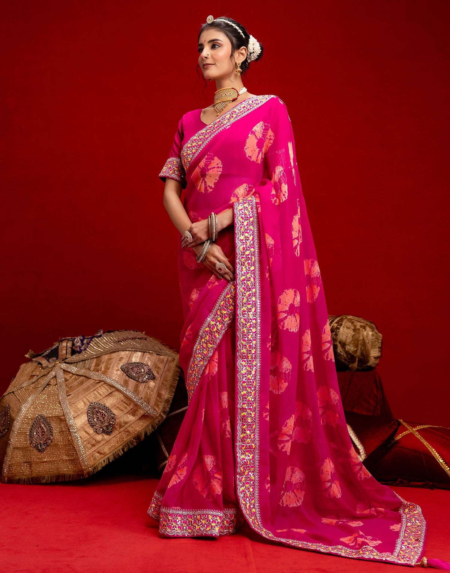Pink Georgette Bandhani Printed Lace Saree