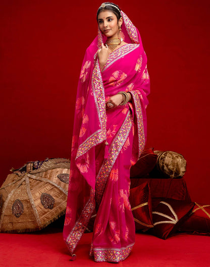 Pink Georgette Bandhani Printed Lace Saree