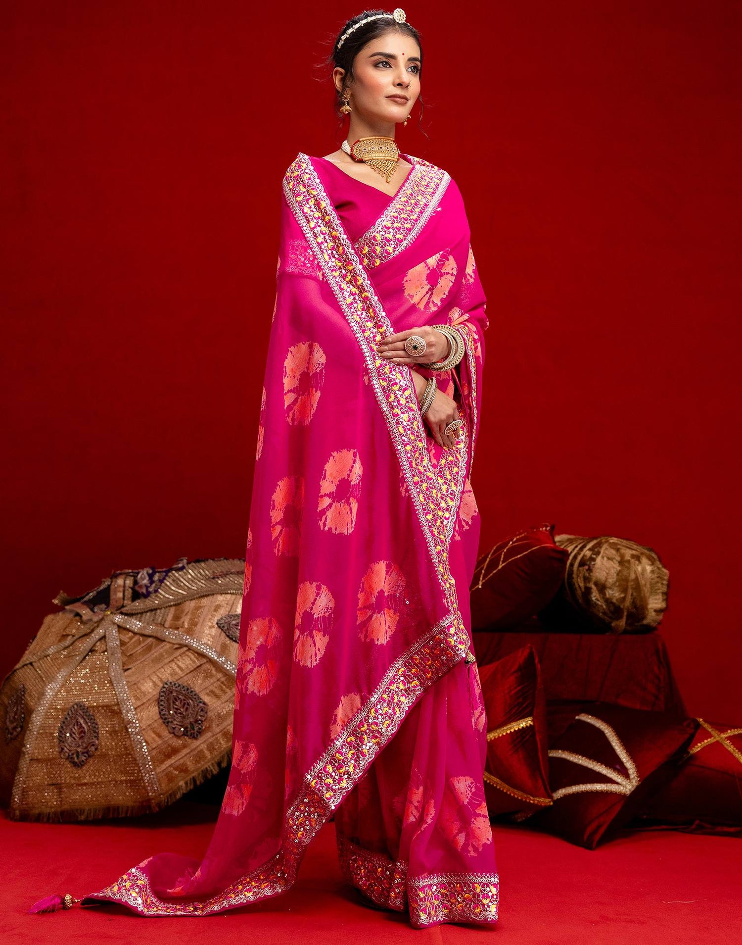 Pink Georgette Bandhani Printed Lace Saree