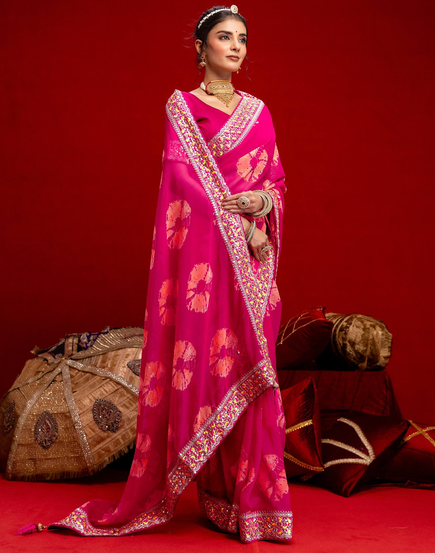 Pink Georgette Bandhani Printed Lace Saree
