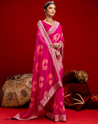 Pink Georgette Bandhani Printed Lace Saree