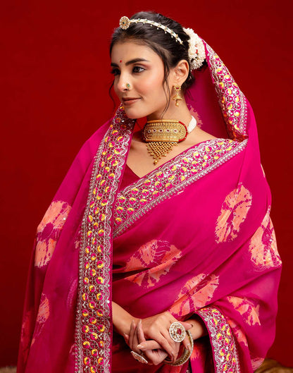 Pink Georgette Bandhani Printed Lace Saree