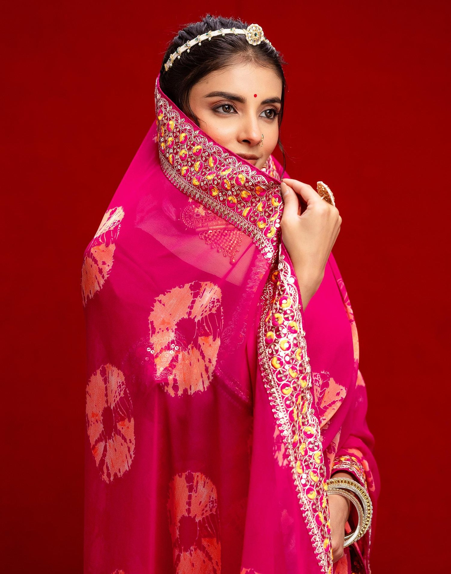 Pink Georgette Bandhani Printed Lace Saree