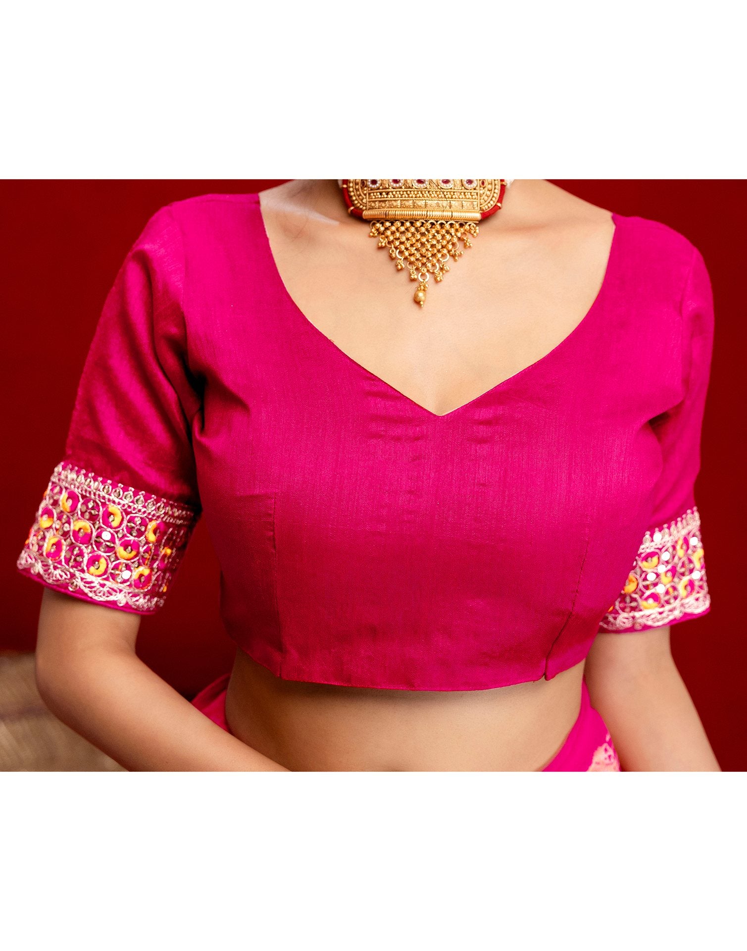 Pink Georgette Bandhani Printed Lace Saree