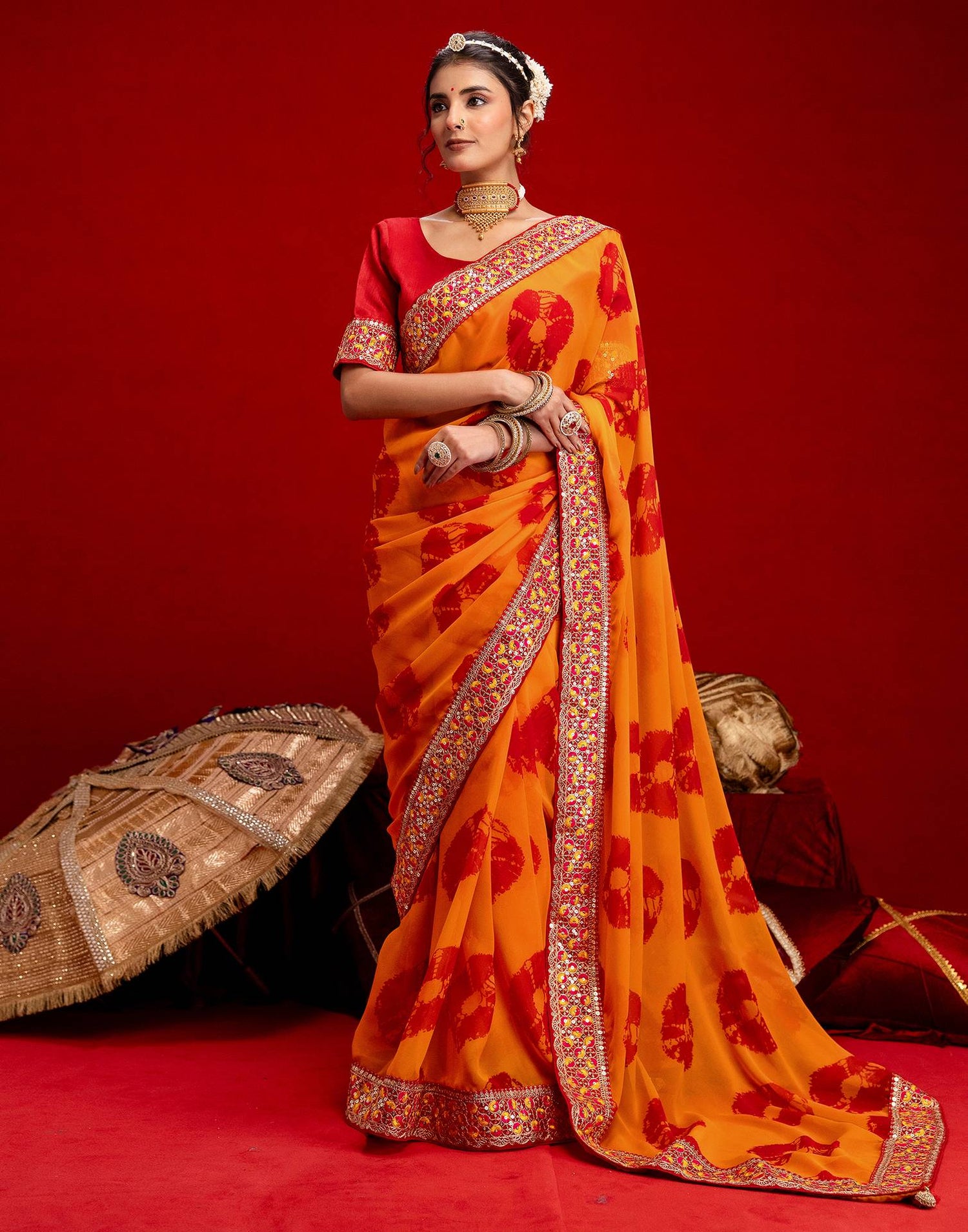 Orange Georgette Bandhani Printed Lace Saree