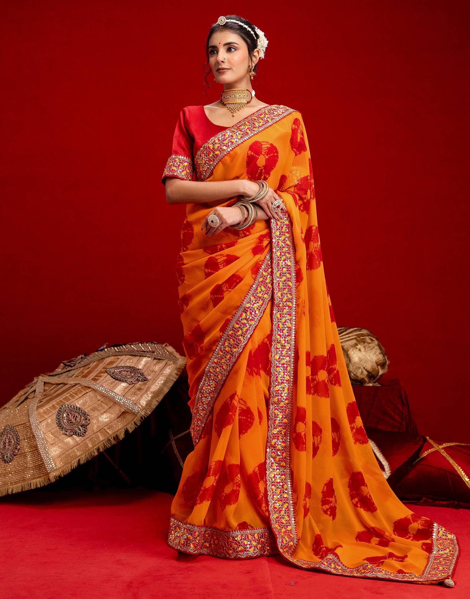 Orange Georgette Bandhani Printed Lace Saree