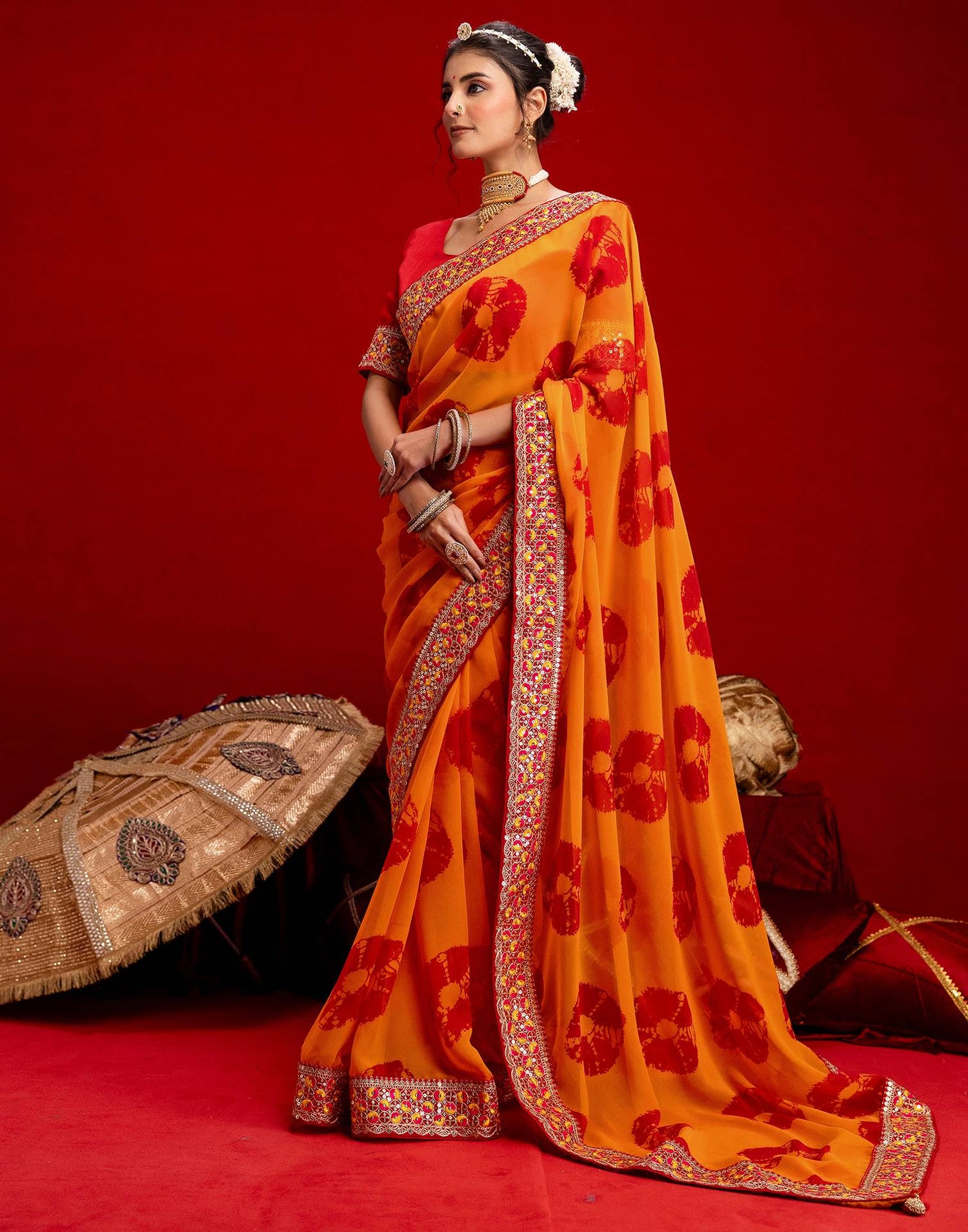 Orange Georgette Bandhani Printed Lace Saree