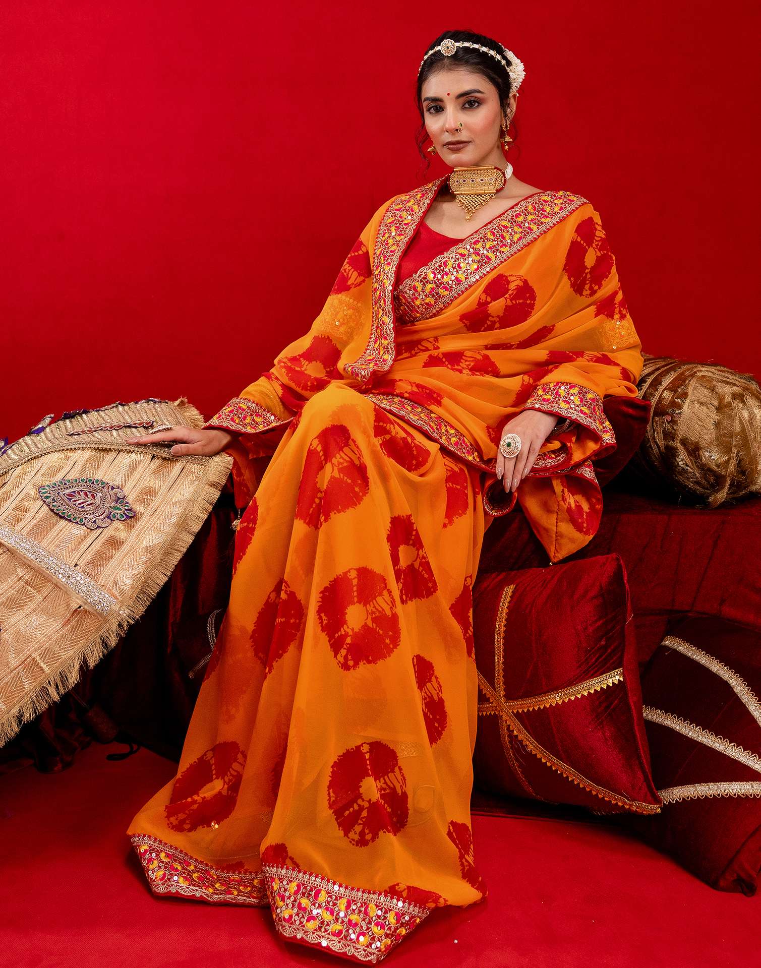 Orange Georgette Bandhani Printed Lace Saree