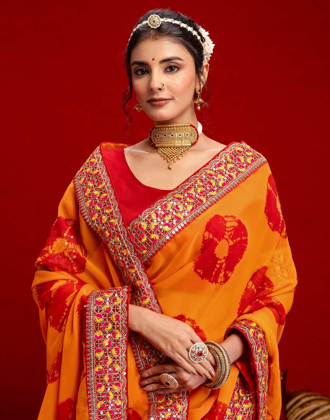 Orange Georgette Bandhani Printed Lace Saree