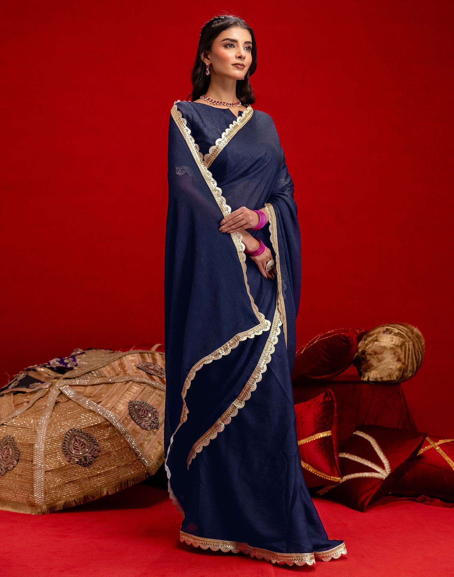 Navy Blue Crush Silk Lace Saree