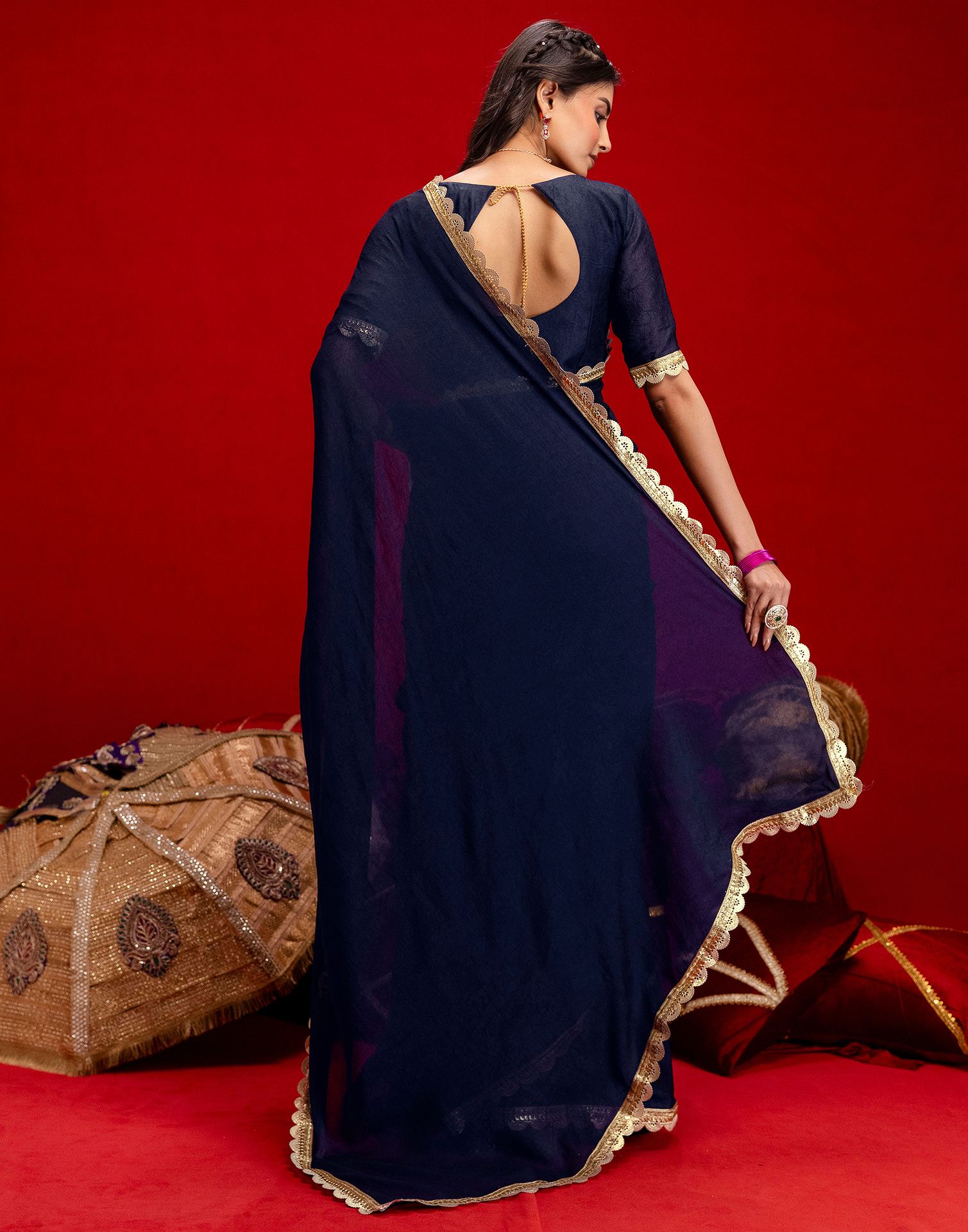 Navy Blue Crush Silk Lace Saree