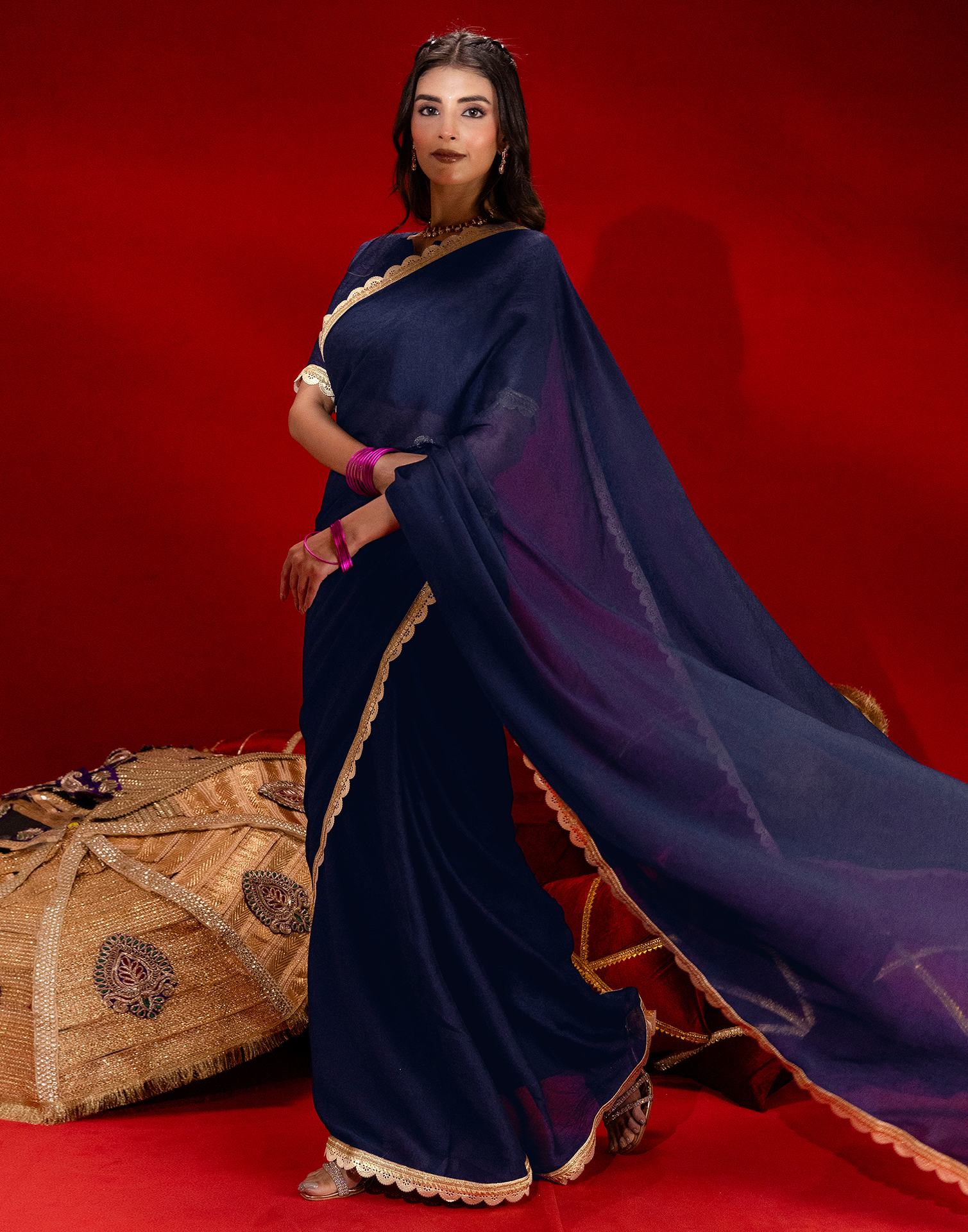 Navy Blue Crush Silk Lace Saree