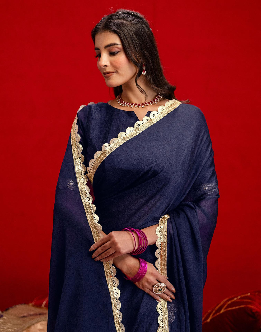 Navy Blue Crush Silk Lace Saree
