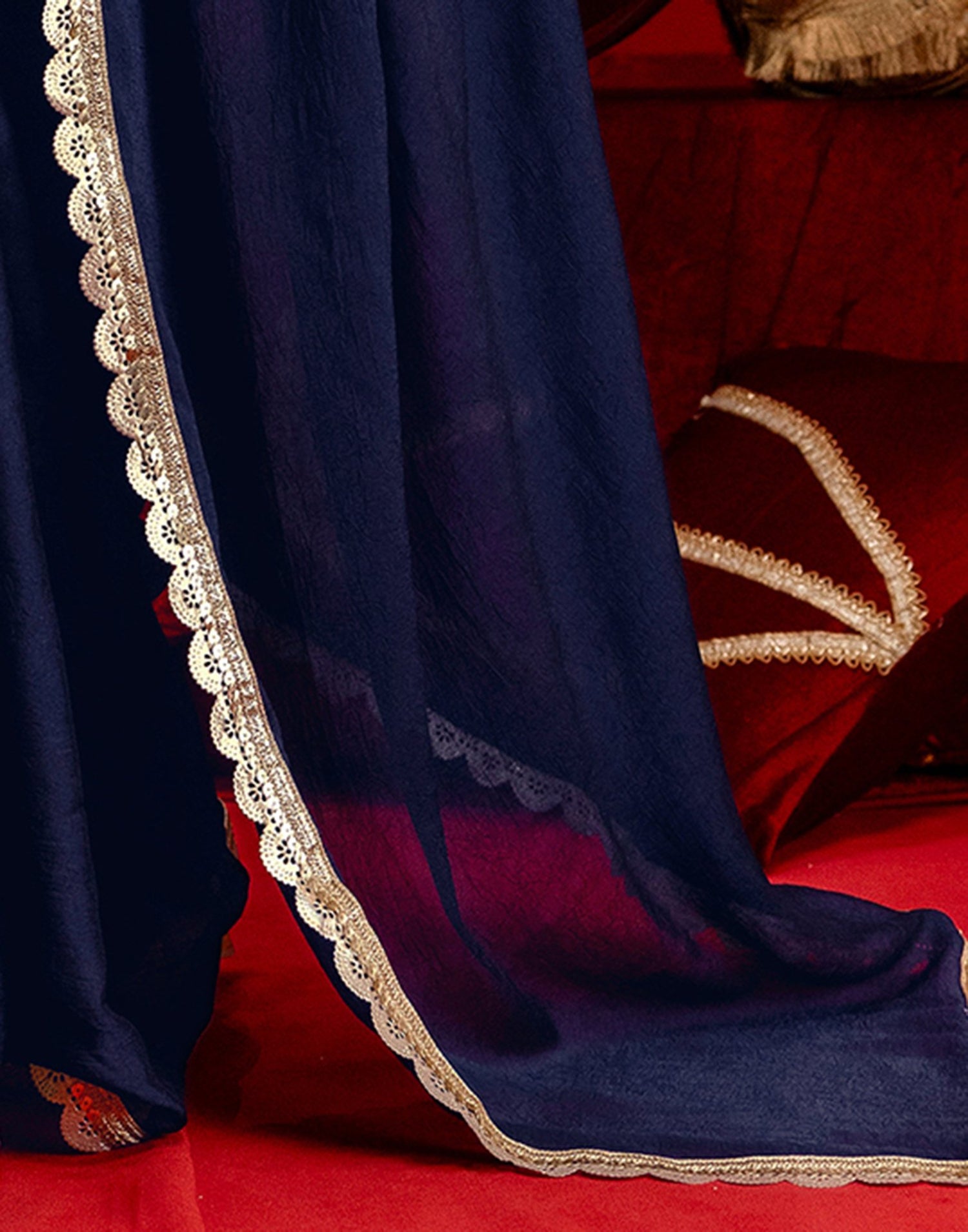 Navy Blue Crush Silk Lace Saree