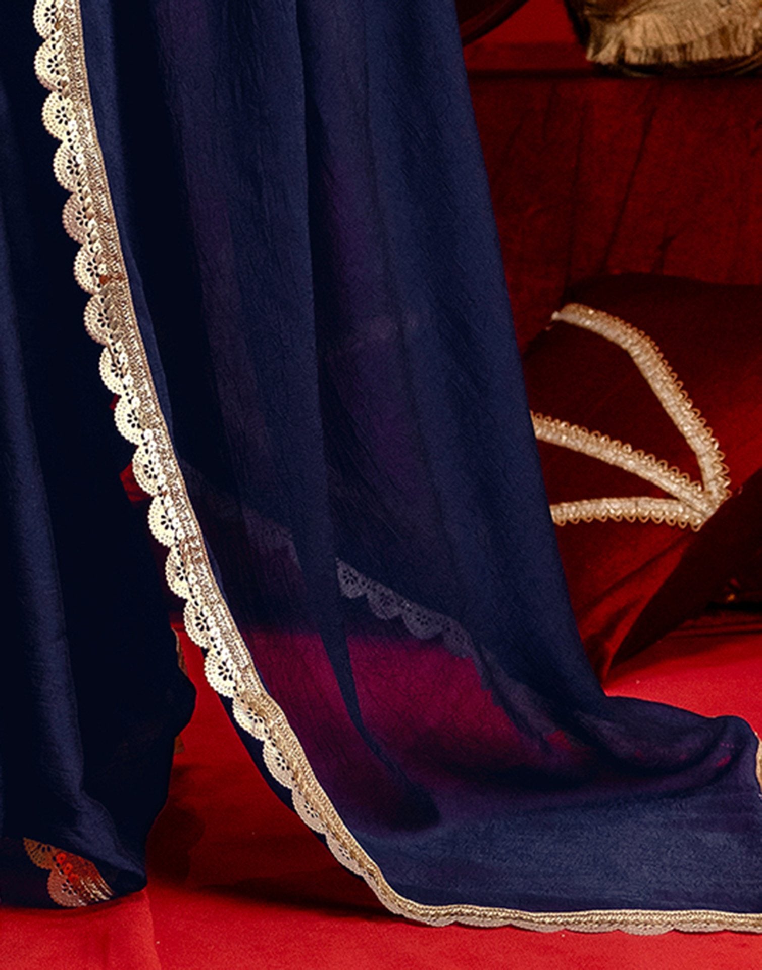 Navy Blue Crush Silk Lace Saree