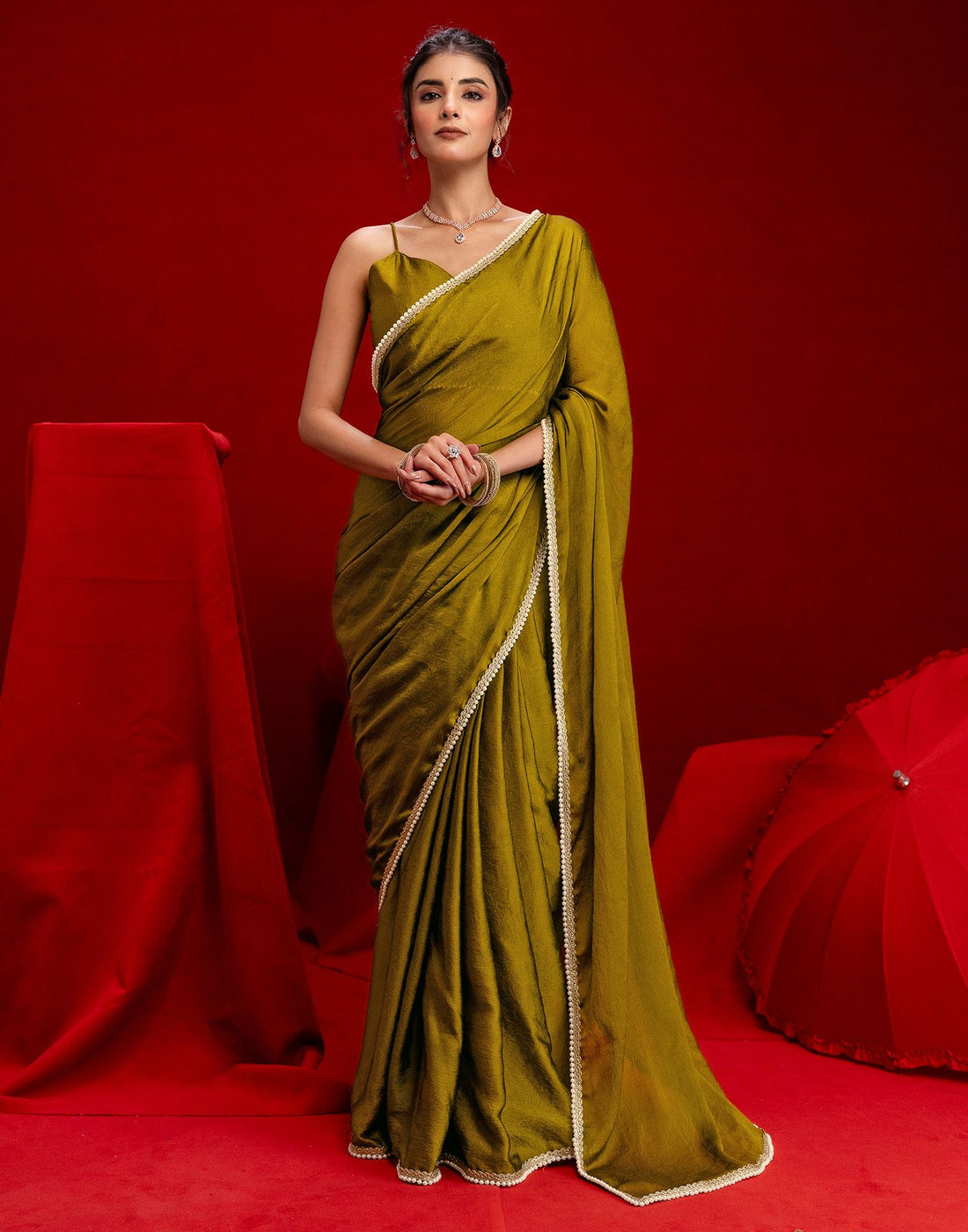 Olive Green Crush Silk Pearl Lace Saree