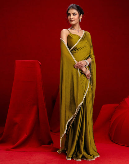Olive Green Crush Silk Pearl Lace Saree