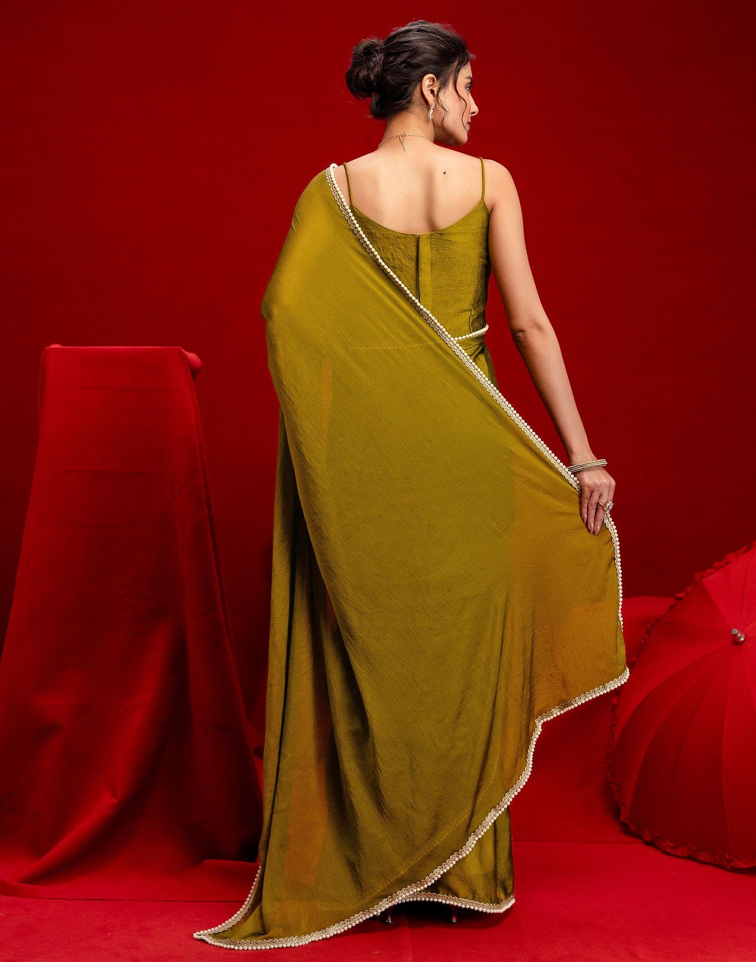 Olive Green Crush Silk Pearl Lace Saree